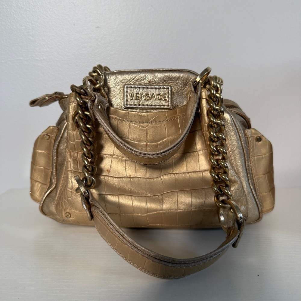 Versace Gold Croc-Embossed Satchel Bag